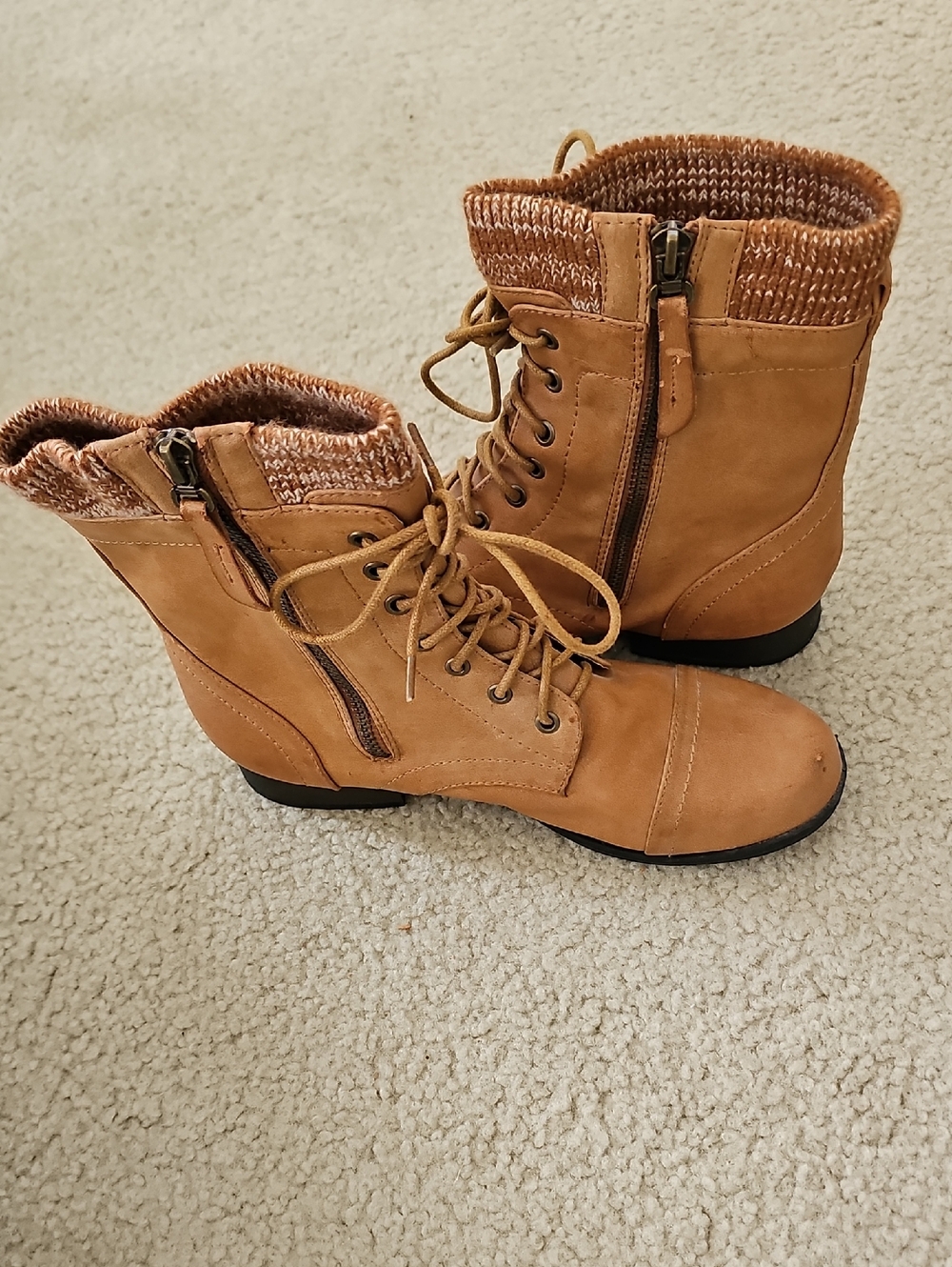 Bella Marie Tan Knit Cuff Ankle Boots Lace Up Side Zipper Size 8.5 - Picture 7 of 11